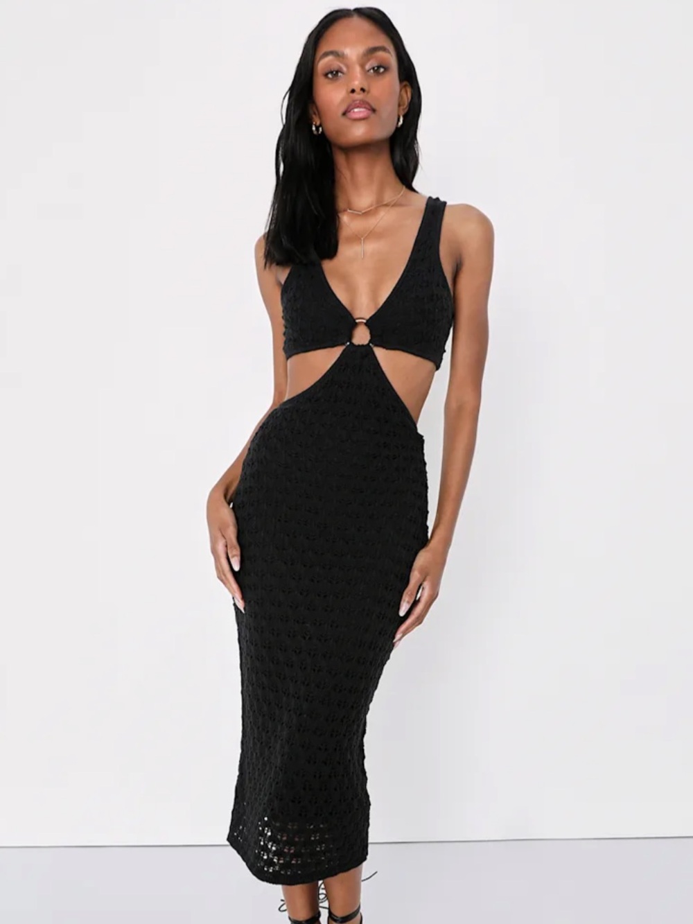 Lulu's Black Cutout sleeveless knit Midi Dress with Ring Accent